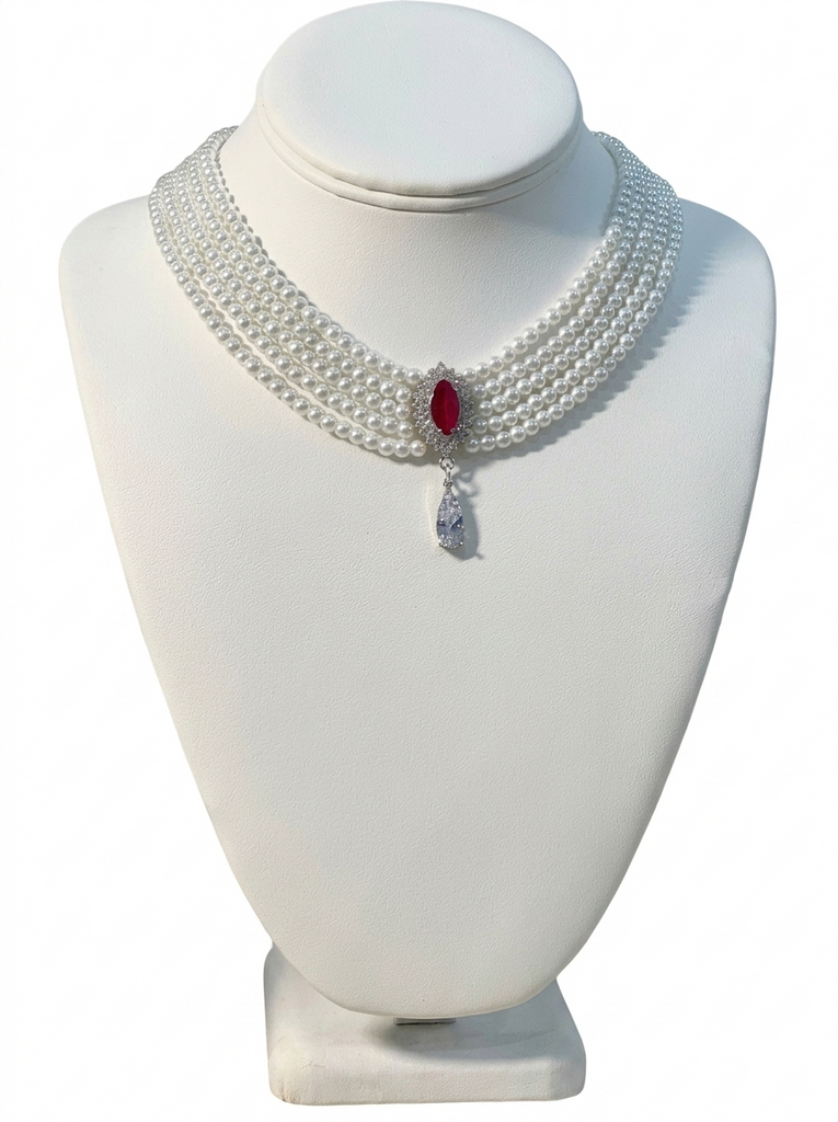Lucile,  5 Row Pearls Necklace with Mauve and clear Cubic zirconia center piece