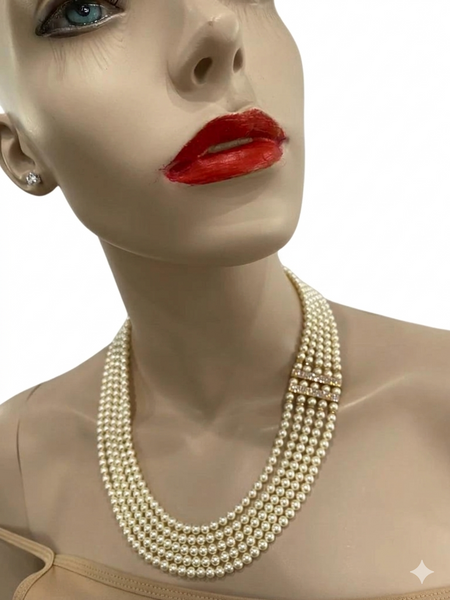 Evita, Swarovski 5 Row Cream 5mm Pearls Necklace with Gold plated over sterling silver bars on side