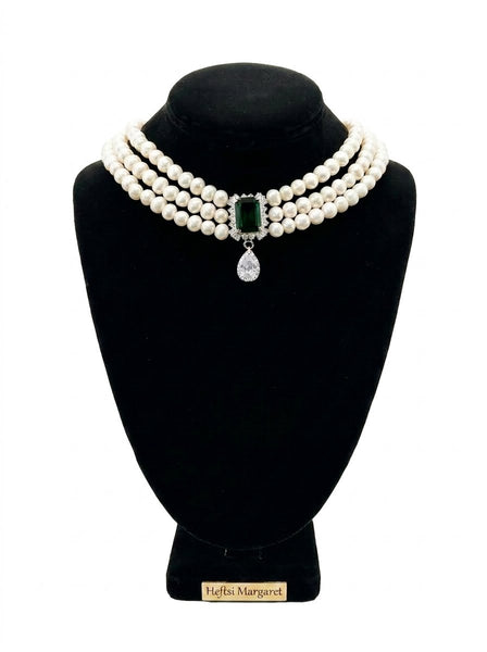 Margaret Fresh water pearls Necklace with green cubic zircon and clear swarovski center piece