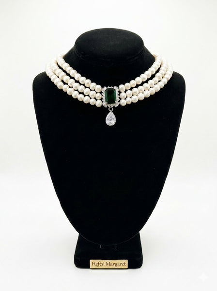 Margaret Fresh water pearls Necklace with green cubic zircon and clear swarovski center piece