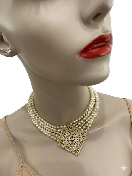 Lilli, Swarovski Cream Pearls 6 Row Necklace, with Large Macro pave Center Piece