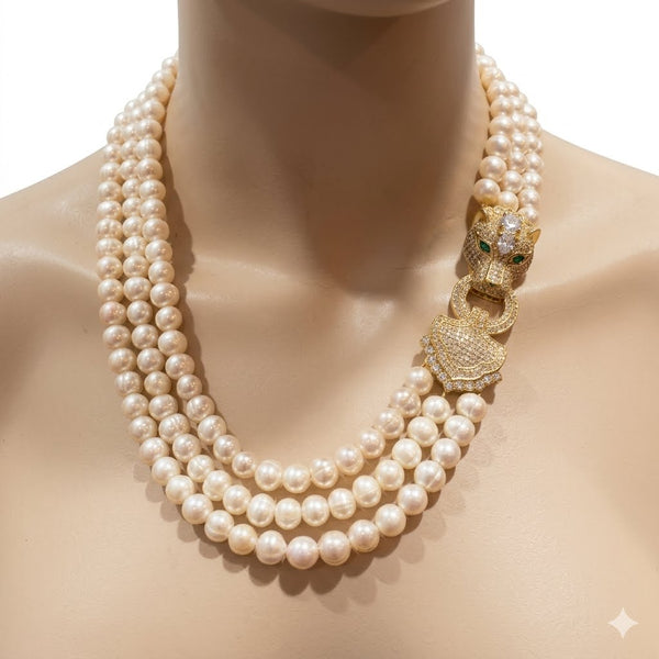 Liana, Fresh water pearls 3 row necklace with macro pave panther head clasp handmade in the USA