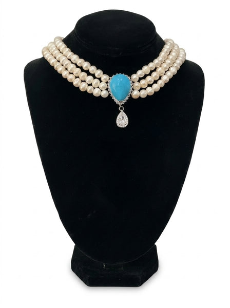 Margaret Fresh water pearls Necklace with green cubic zircon and clear swarovski center piece