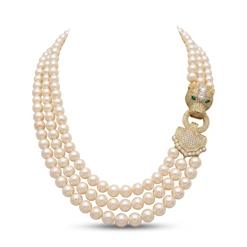 Liana, Fresh water pearls 3 row necklace with macro pave panther head clasp handmade in the USA