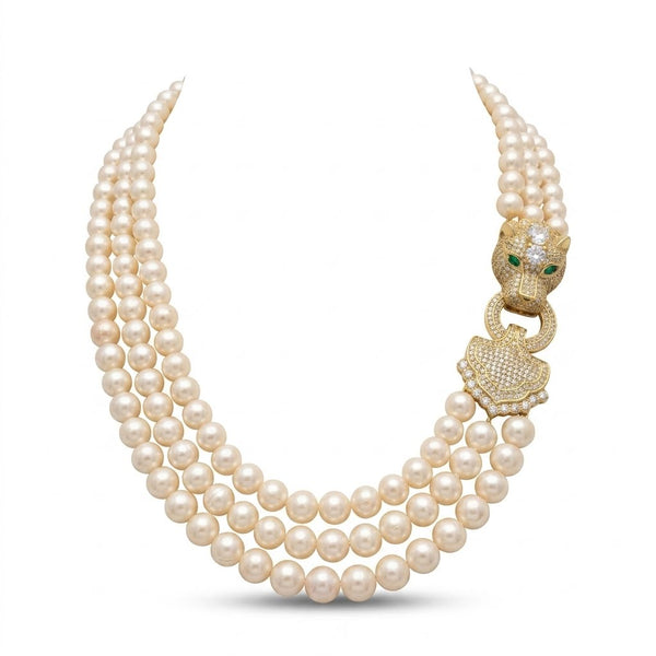 Liana, Fresh water pearls 3 row necklace with macro pave panther head clasp handmade in the USA