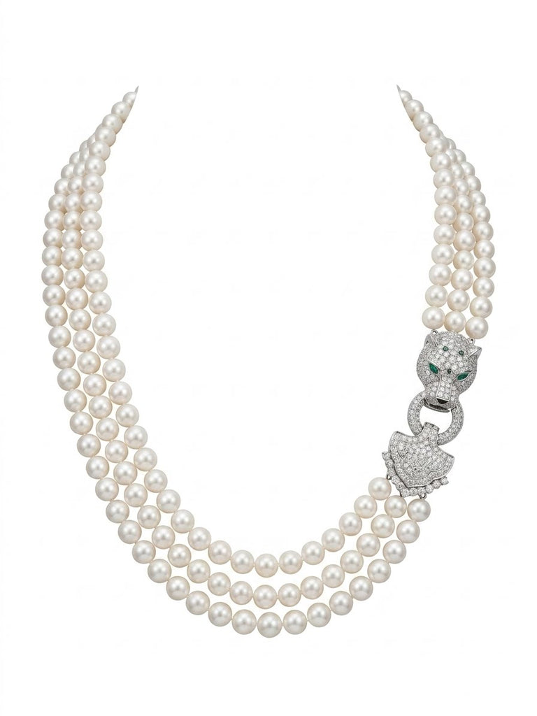 Elizabeth, Freshwater pearls Necklace with Maro Pave Panther Face Side Clasp