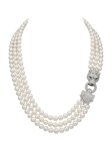 Elizabeth, Freshwater pearls Necklace with Maro Pave Panther Face Side Clasp