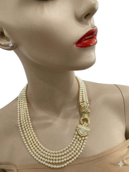 Hailey, swarovski 5 row  cream pearls necklace with macro pave gold plated over sterling silver clasp