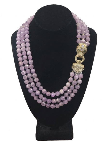 Rosaleen Amethyst 3 Row Necklace with macro pave panther head clasp , Handmade