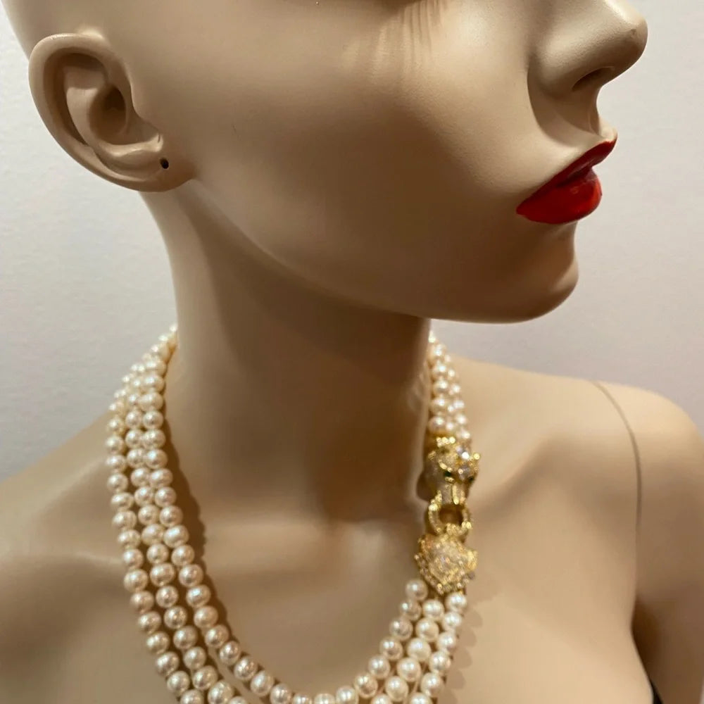 Liana, Fresh water pearls 3 row necklace with macro pave panther head clasp handmade in the USA