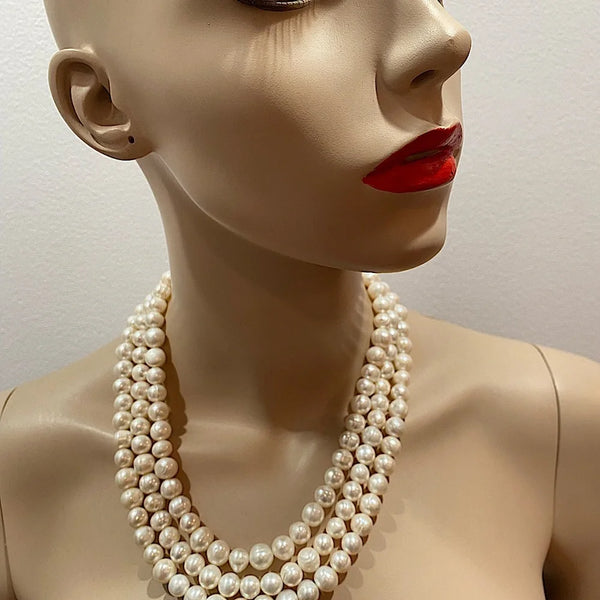 Liana, Fresh water pearls 3 row necklace with macro pave panther head clasp handmade in the USA