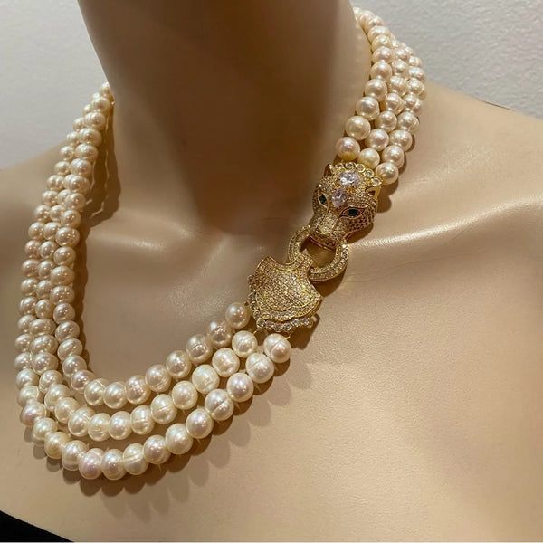 Liana, Fresh water pearls 3 row necklace with macro pave panther head clasp handmade in the USA