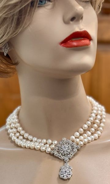 Fresh Water Pearls 3 Row Necklace, Hand Knotted , CZ Center piece Handmade