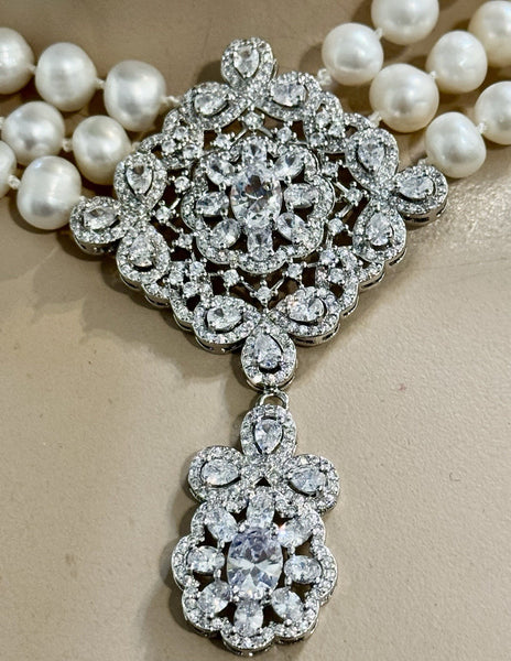 Fresh Water Pearls 3 Row Necklace, Hand Knotted , CZ Center piece Handmade
