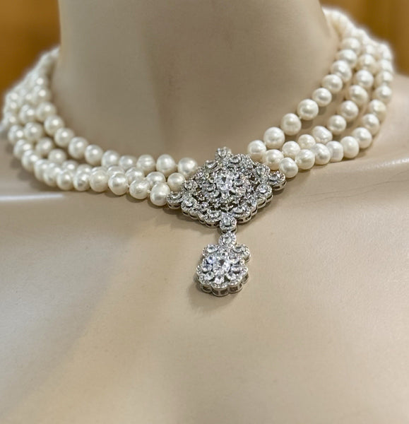 Fresh Water Pearls 3 Row Necklace, Hand Knotted , CZ Center piece Handmade