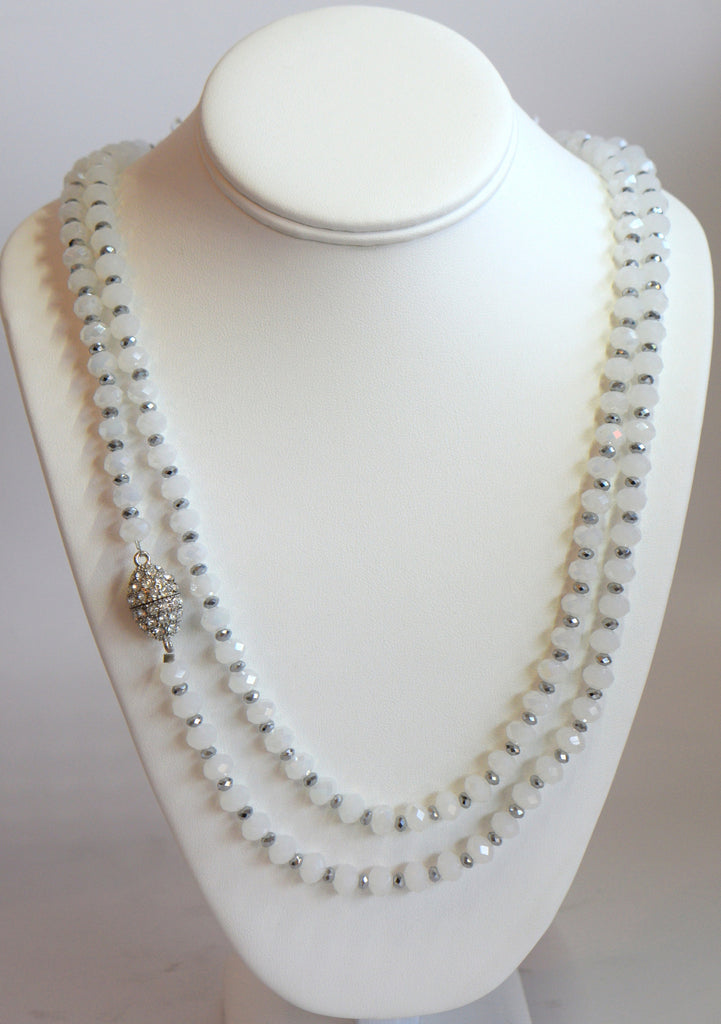 Heftsi Long White And Silver Crystal Necklace With Side Magnet Clasp