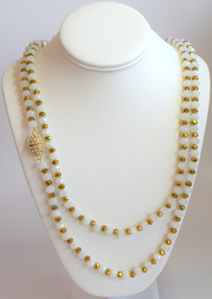 Heftsi Long White And Gold Crystal Necklace With Side Gold Magnet Clasp