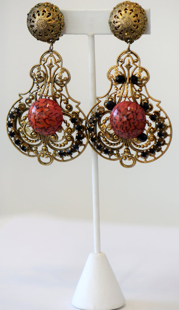 Vintage Long And Bold Earrings With Center Stone