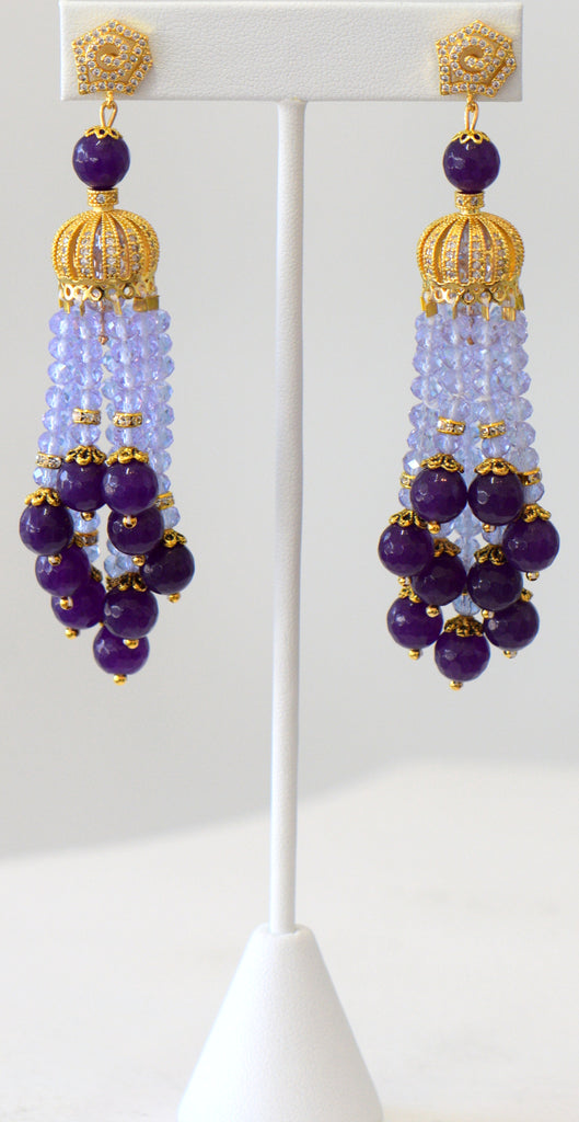 Heftsi Purple Crystal And Amethyst Tassel Earrings