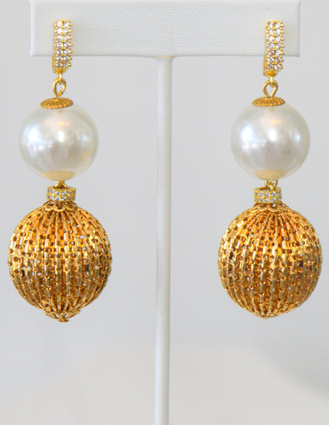 Large Gold Plated Ball Earrings And White Pearls