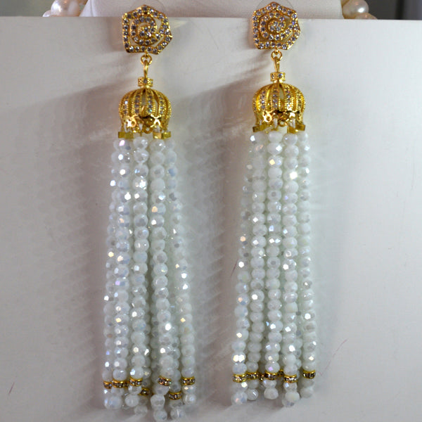 Heftsi White Crystal Wedding Tassel Earrings
