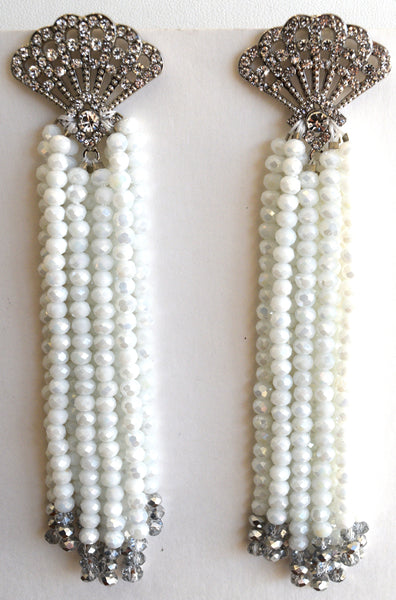 Heftsi White Crystal Tassel Earrings, Wedding Collection