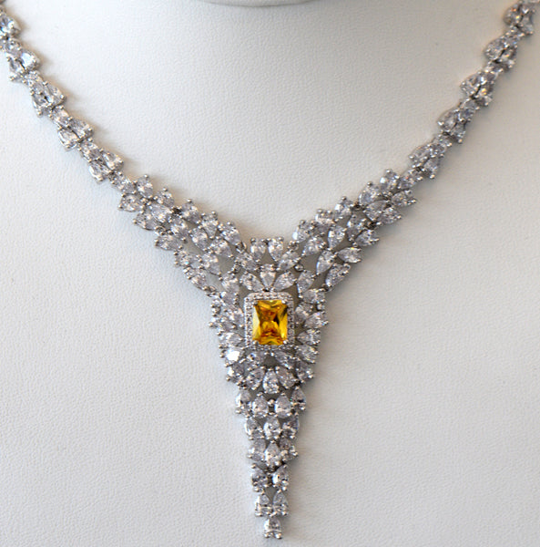 Heftsi Yellow Cubic Zirconia Wedding Necklace with matching earrings , Wedding Collection, Mother of the bride , bridle