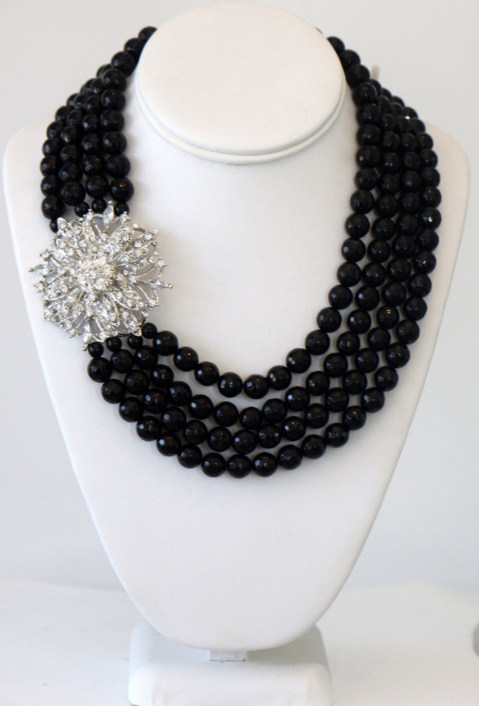 Madison Black Onyx Multi Row Necklaces With Clear CZ Pendant