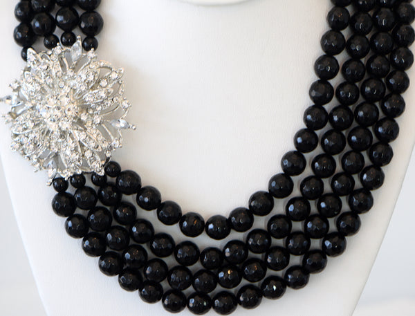 Madison Black Onyx Multi Row Necklaces With Clear CZ Pendant