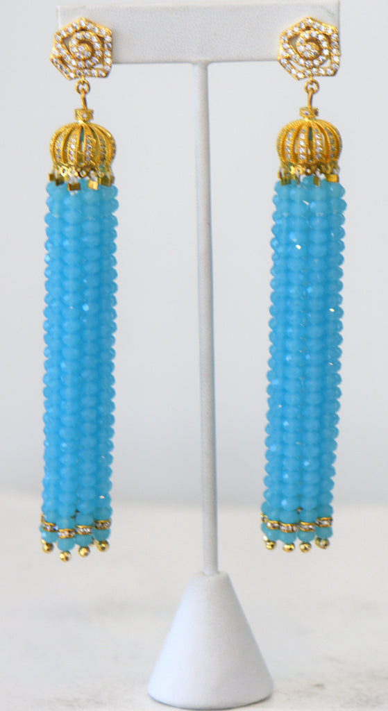 Heftsi Blue Crystal Tassel Earrings With Gold Crown Top