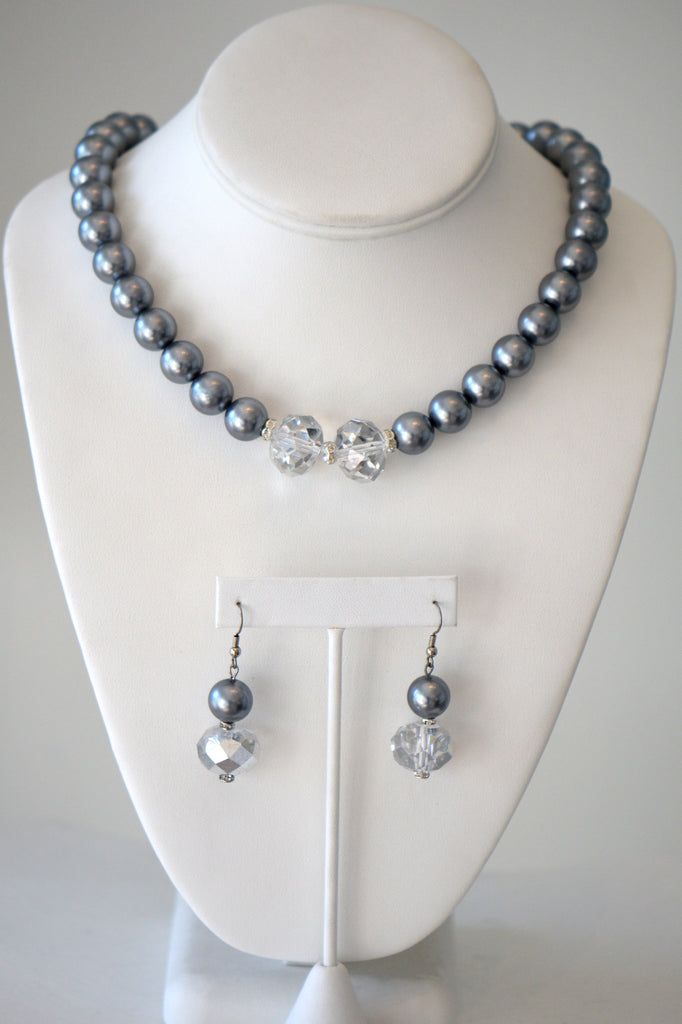 Silver beaded glass pearls with clear Crystal matching set