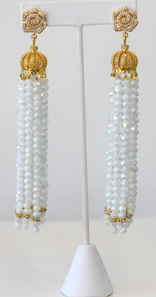 Heftsi White Crystal Wedding Tassel Earrings