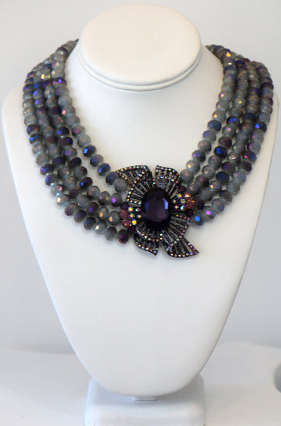 Heftsi Purple Crystal Necklace With Large Flower center piece