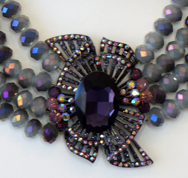 Heftsi Purple Crystal Necklace With Large Flower center piece