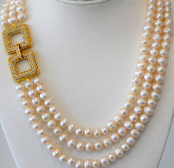 Camila Fresh Water Pearls Necklace with Side CZ Clasp In Gold