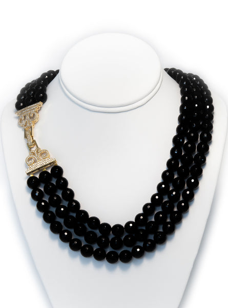 Grace Black onyx 3 row black necklace with gold Pave Clasp