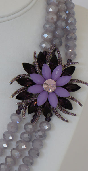 Light Purple crystal necklace with side large flower pendent