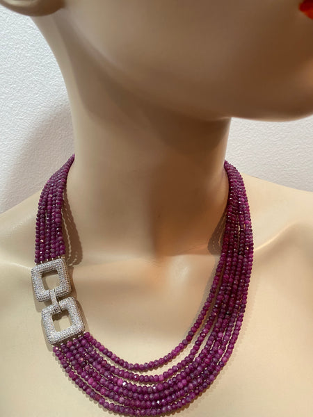 Priscilla ruby rock 3 row elegant necklace with side sterling silver clasp
