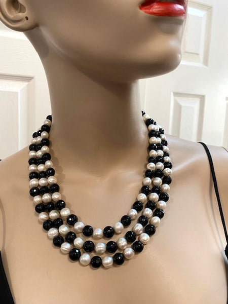Black Onyx and fresh Water Pearls 3 row Evening necklace