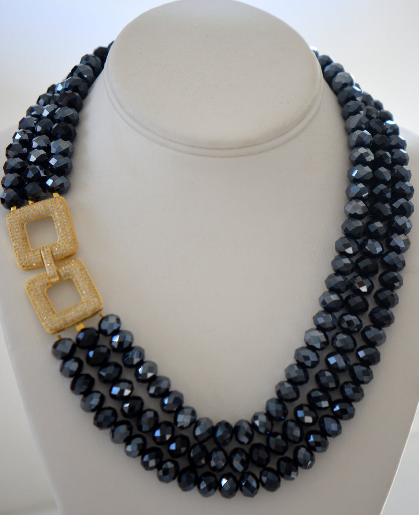 Heftsi Classic Blue 3 Row Crystal Necklace HandMade