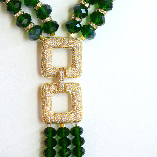 Lillian Green Crystals Necklace With Pave Center Lariet Style