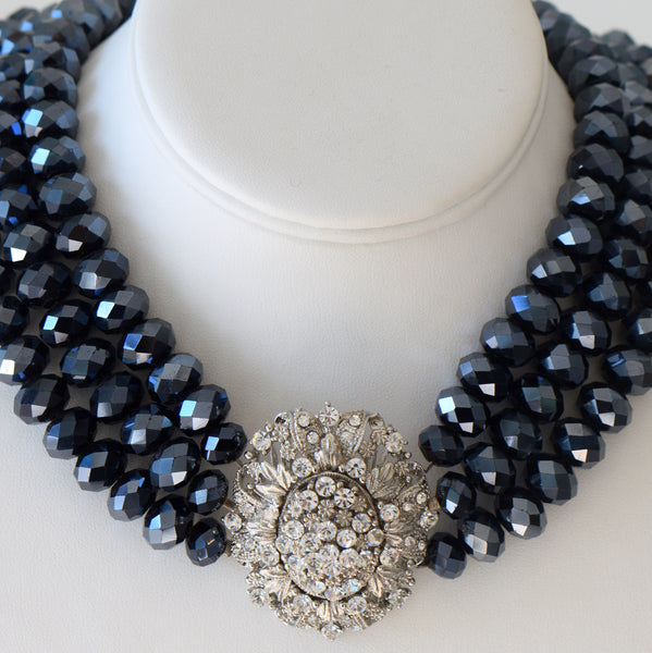 Heftsi Blue Crystal 3 row Necklace with large Clear CZ center piece