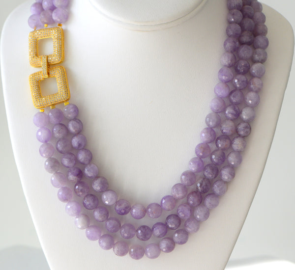 Lucy Amethyst Multi row Necklace With Gold Plated Side Clasp