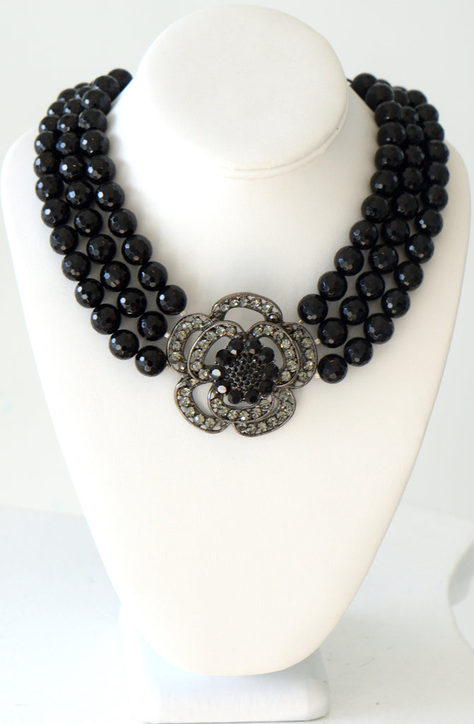 Hazel Black Onyx Multi row Necklace With Large Flowre Center Piece