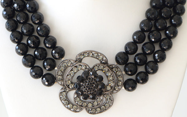 Hazel Black Onyx Multi row Necklace With Large Flowre Center Piece