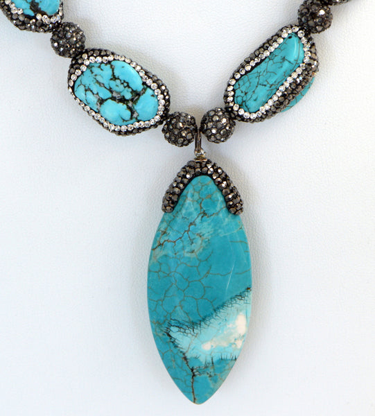 Heftsi Turquoise Necklace with turquoise nugget and black CZ on each nugget