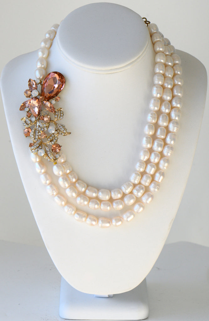 Cristina -  Fresh Water Pearls Necklace With Large Side Flower Pendant