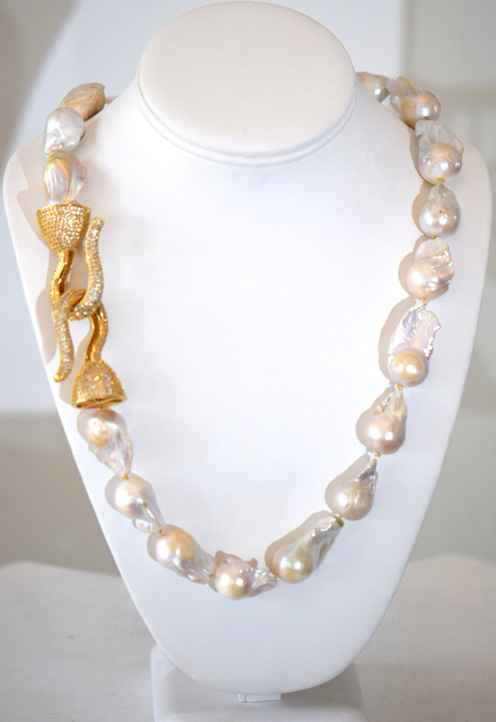 Beatrice -  Barouque Pearls Necklace With Large Pave Gold Clasp on the side