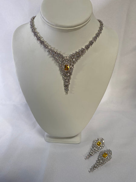 Heftsi Yellow Cubic Zirconia Wedding Necklace with matching earrings , Wedding Collection, Mother of the bride , bridle