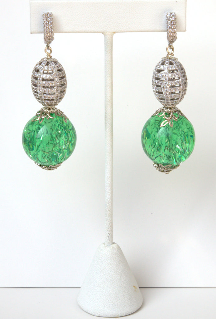 Green And Pave Silver Ball Earrings